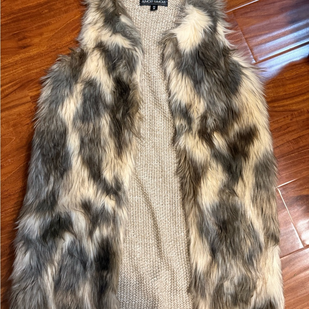 Almost Famous Gray and Cream Faux Fur Vest